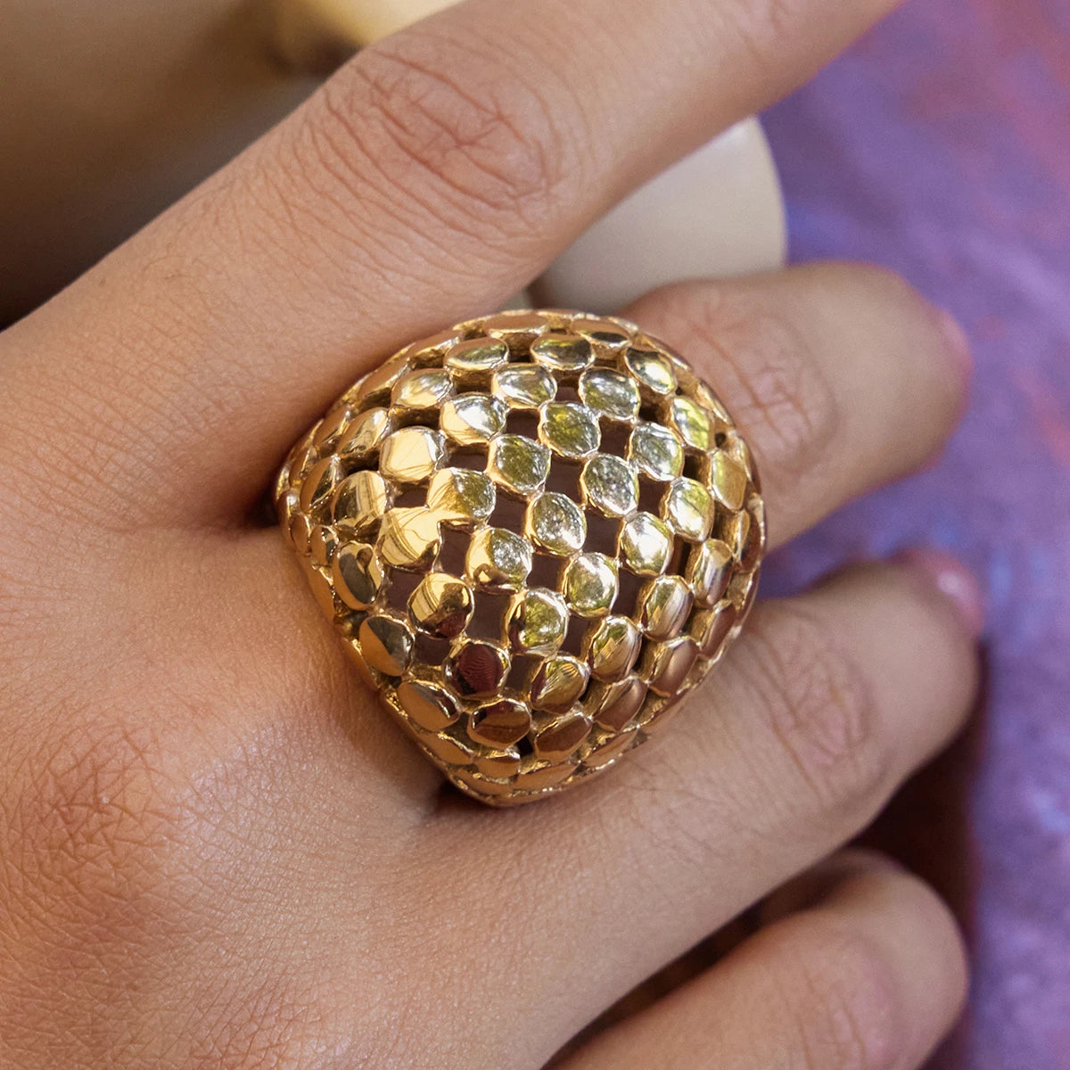 KIKA Unique Designer PVD Plated Mesh Hollow Spherical Exaggerated Rings Waterproof Stainless Steel 316L