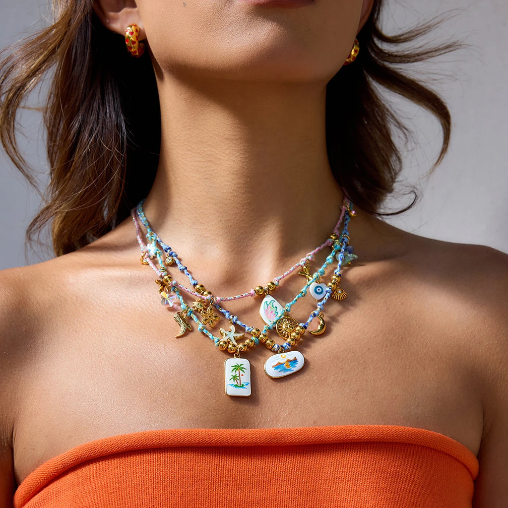 Kika Trend Acrylic Pearl Drip Oil Printed Pendant Blue Handmade Rope Necklace