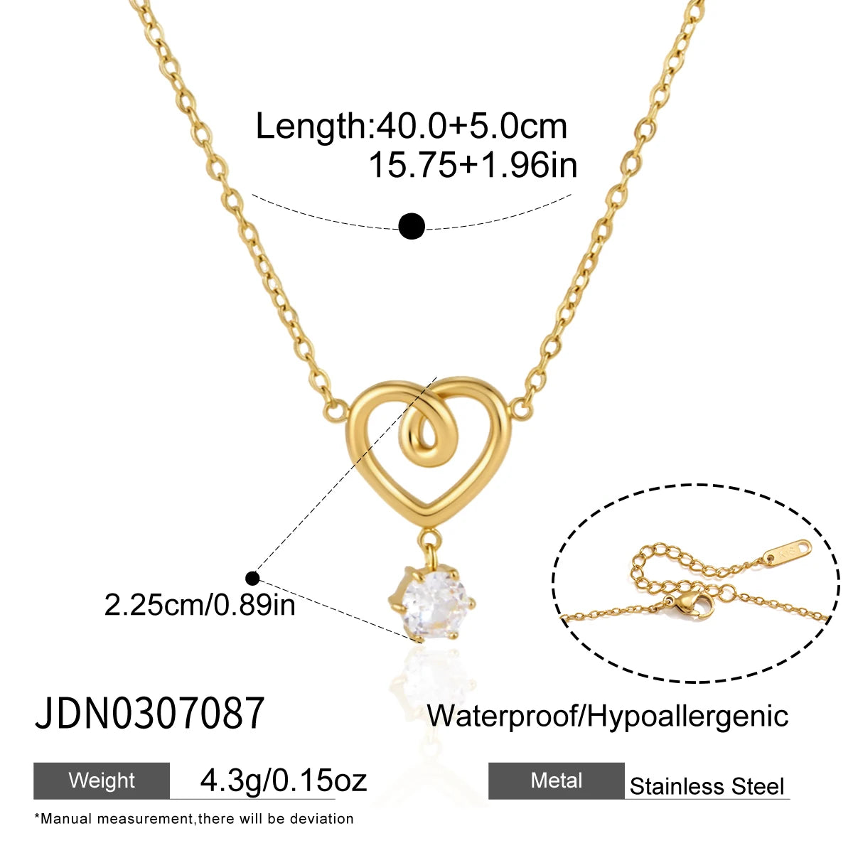 KIKA Twisted Heart Round Zircon Pendant Necklace For Women Minimalist 18K Gold Plated Stainless Steel Necklace Fashion Jewelry
