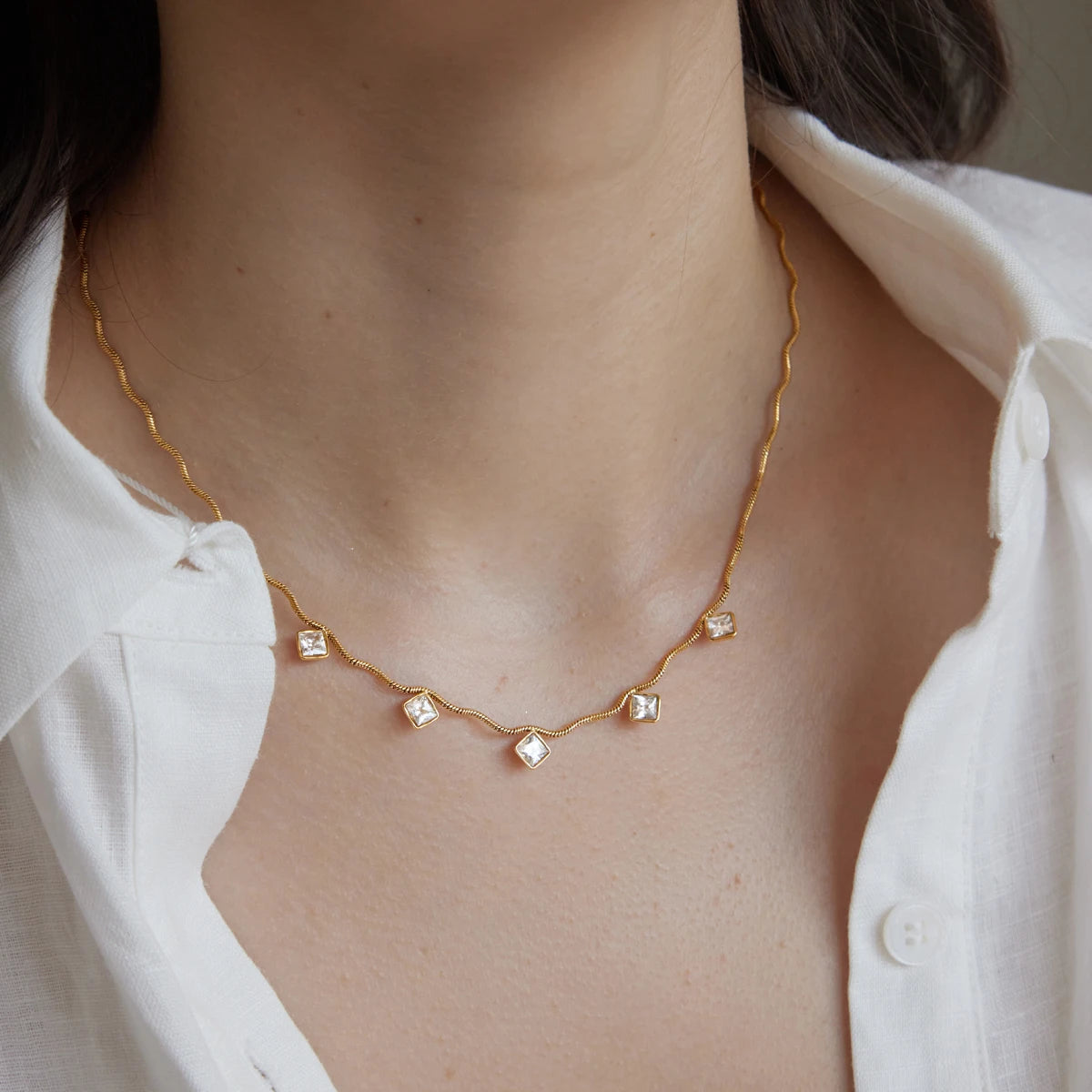 KIKA Geometric Zircon Pendant Wave Shape Chain Necklace For Women 18K Gold PVD Plated Stainless Steel 316L