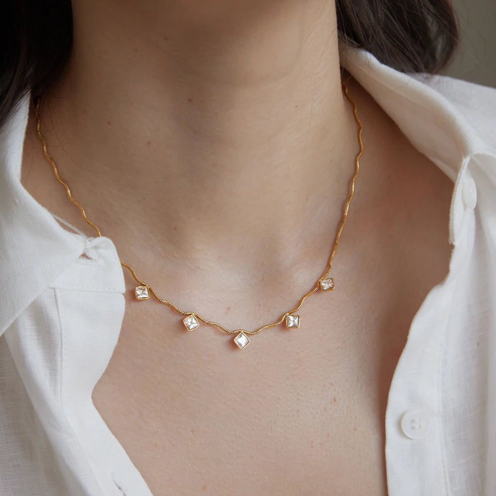 KIKA Geometric Zircon Pendant Wave Shape Chain Necklace For Women 18K Gold PVD Plated Stainless Steel 316L
