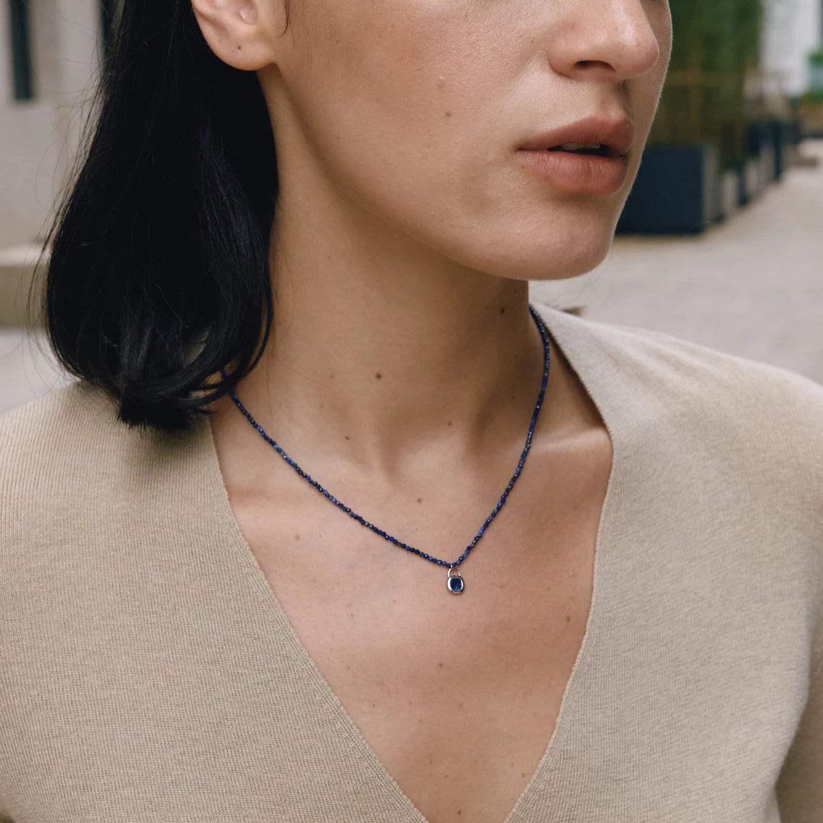 KIKA Vintage Geometric Pendant Natural Stone Beaded Necklace For Women Minimalist 18K Gold PVD Plated Stainless Steel Necklace