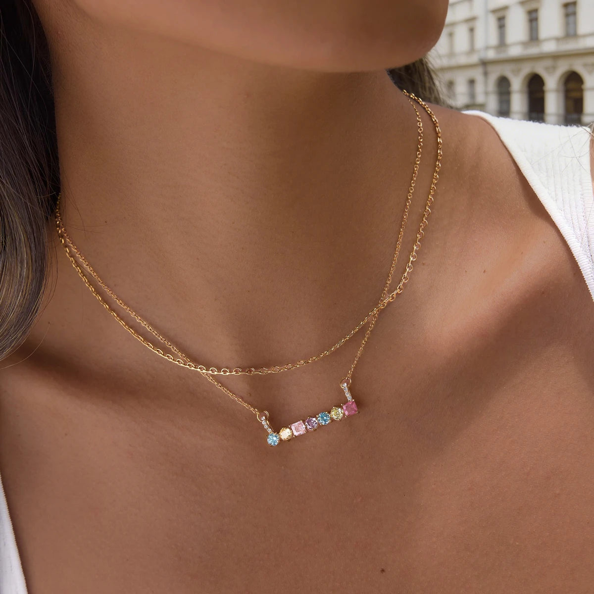KIKA Multicolor Geometric Zircon Pendant Necklace  PVD Plated Stainless Steel Necklace 316L