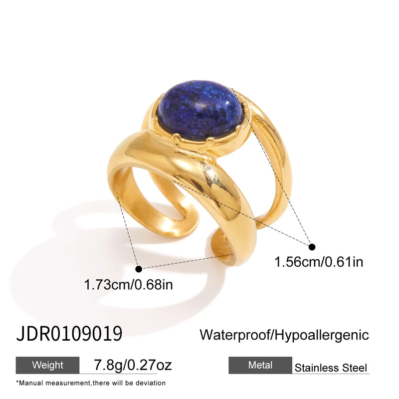 KIKA Vintage Lapis Lazuli Natural Stone Open Rings For Women Classic 18K Gold PVD Plated Stainless Steel Rings Fashion Jewelry