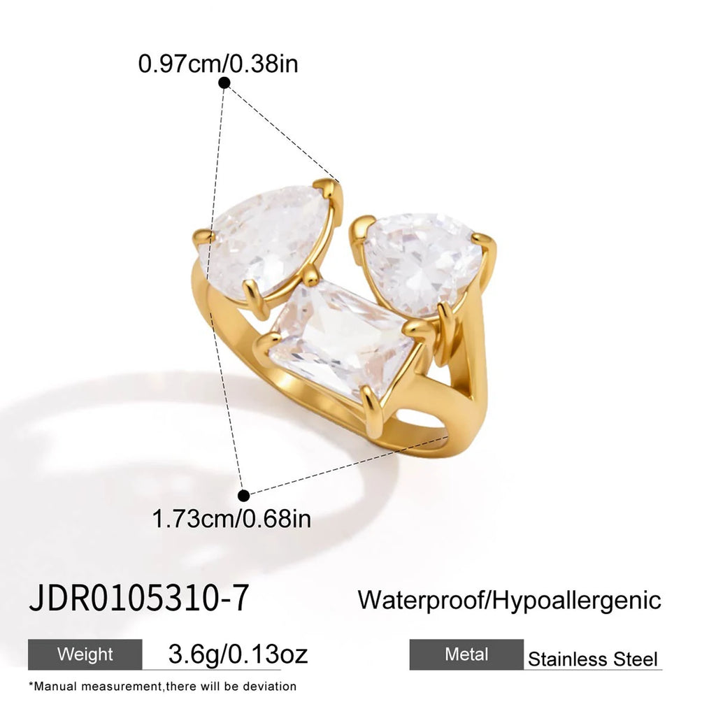 KIKA Water Drop Zircon Open Rings 18K Gold PVD Plated Stainless Steel 316L