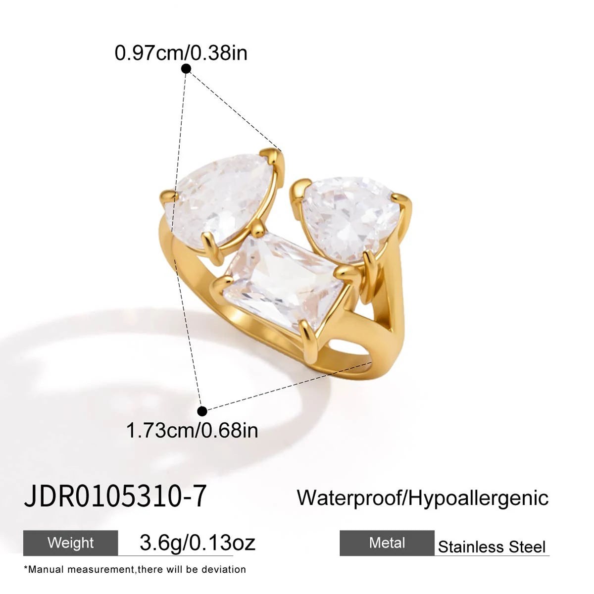 KIKA Water Drop Zircon Open Rings 18K Gold PVD Plated Stainless Steel 316L