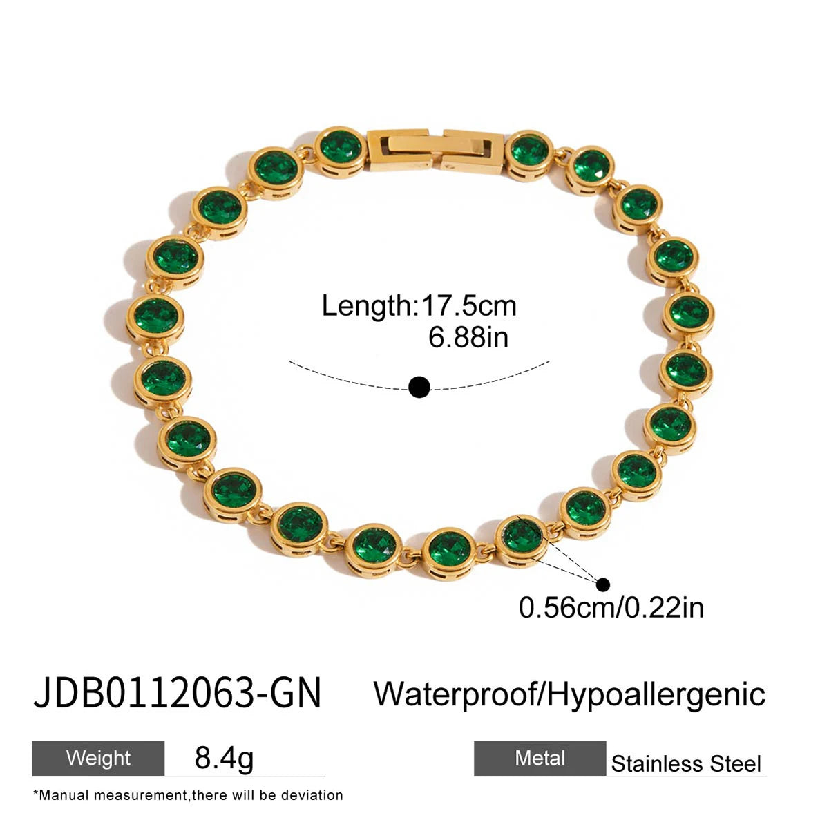 Kika Fashion Trend 18K Gold Color Plated Stainless Steel Rectangular Green Zirconia Chain Bracelet