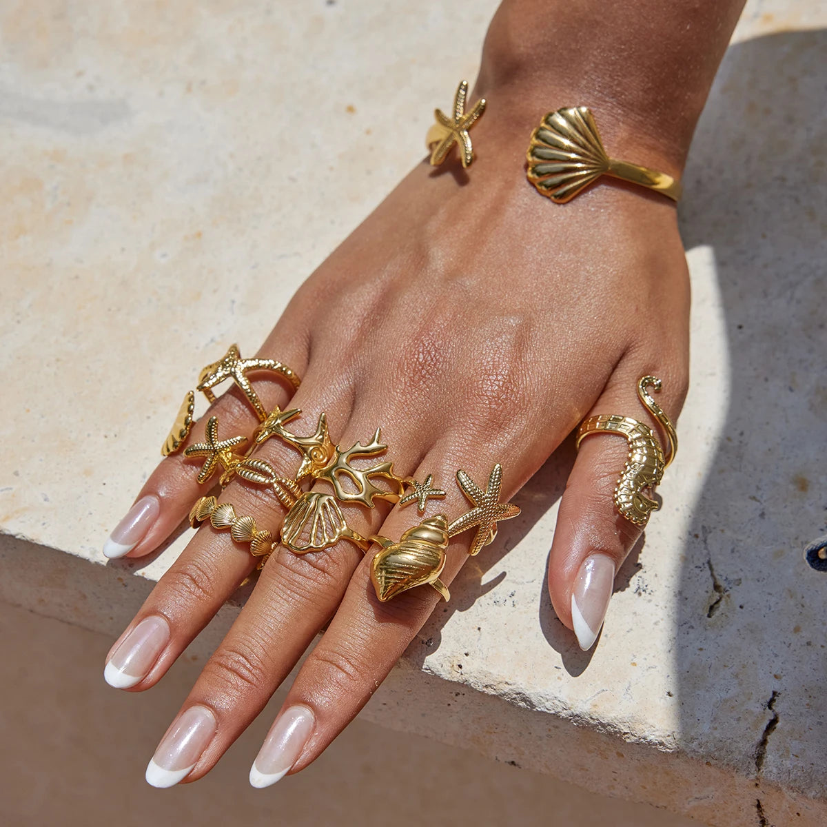 KIKA  Vacation Ocean Wind 18K Gold Color Plated Stainless Steel 316L Hollow Shell Ring Starfish Coral Stackable Ring