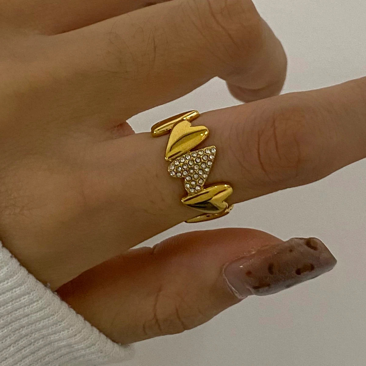Kika Stylish Cubic Zirconia Stainless Steel White Rhinestone Irregular Heart Ring Women High Quality Trendy Daily Fashion