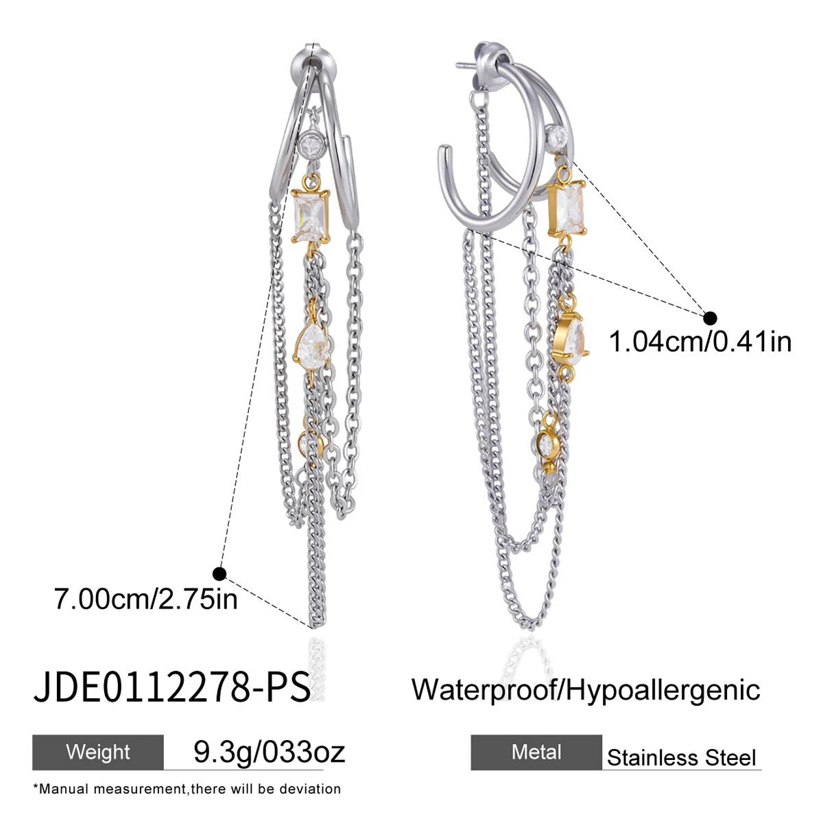 Kika Geometric Zircon Pendant Chains Tassel Earrings For Women 18K Gold PVD Plated Stainless Steel 316L