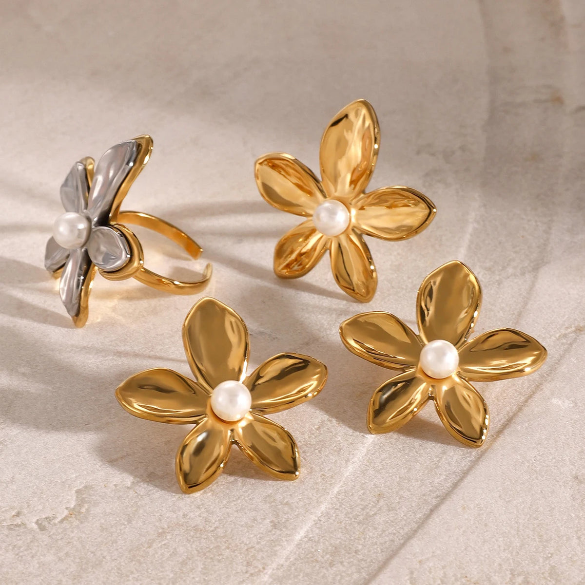 Kika Exquisite Stainless Steel Flower Pearl Ring for Women Texture Anti Allergic Stud Earrings High Quality Jewelry Gift 2024