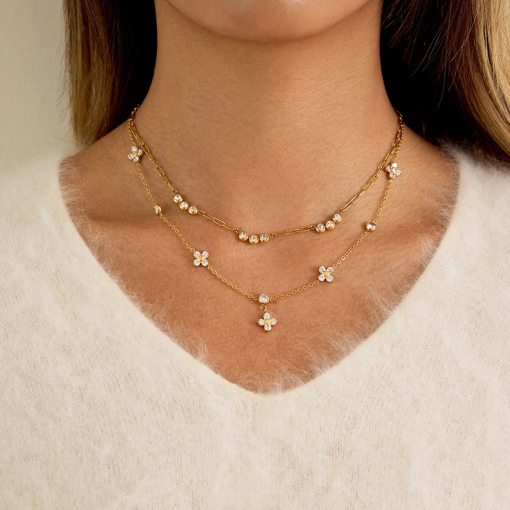 Kika Classic Gold Plated Elegant flowers White Zircon Chain Necklace