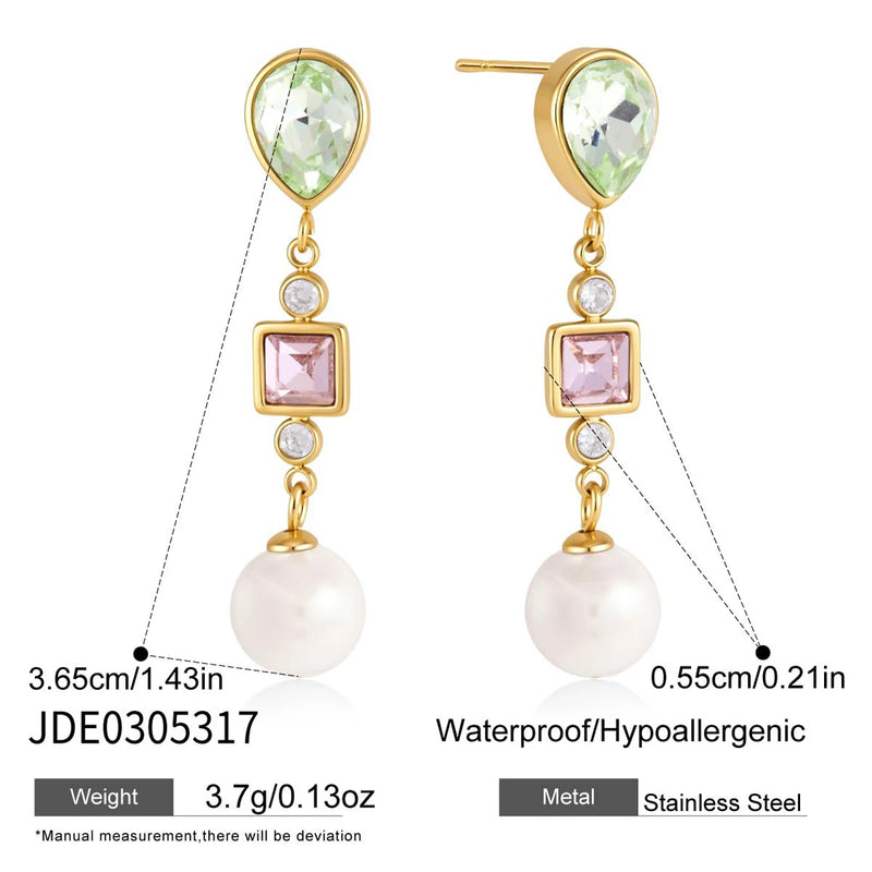Kika Elegant Imitation Pearl Crystal Drop Earrings For Women 18K Gold PVD Plated Stainless Steel 316L
