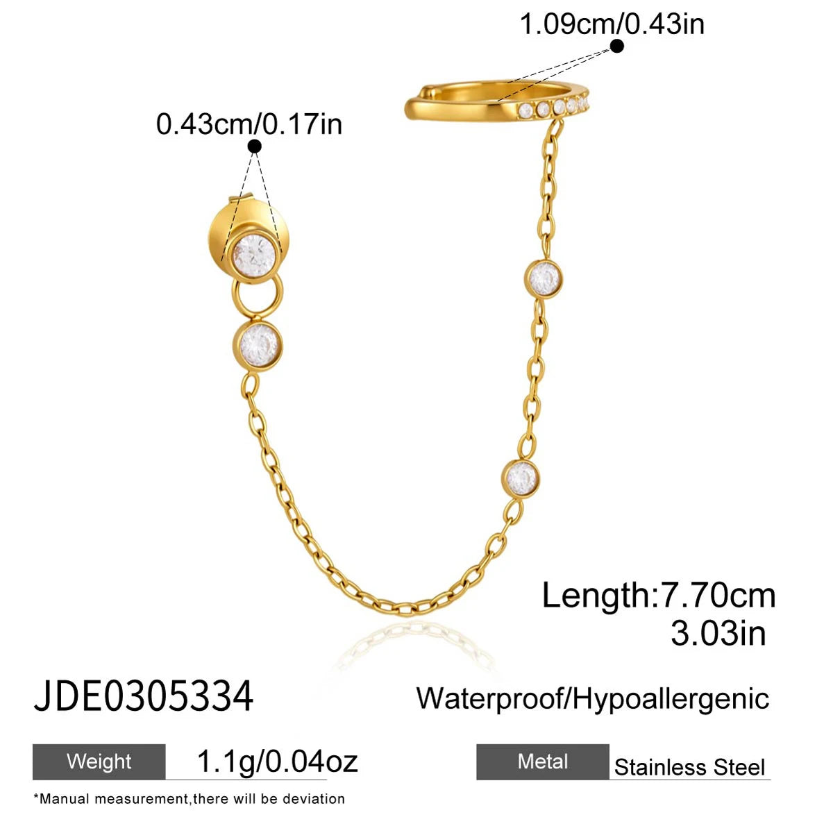 Kika 1 PC Delicate Zircon Chains Tassel Earring Gold PVD Plated Stainless Steel 316L