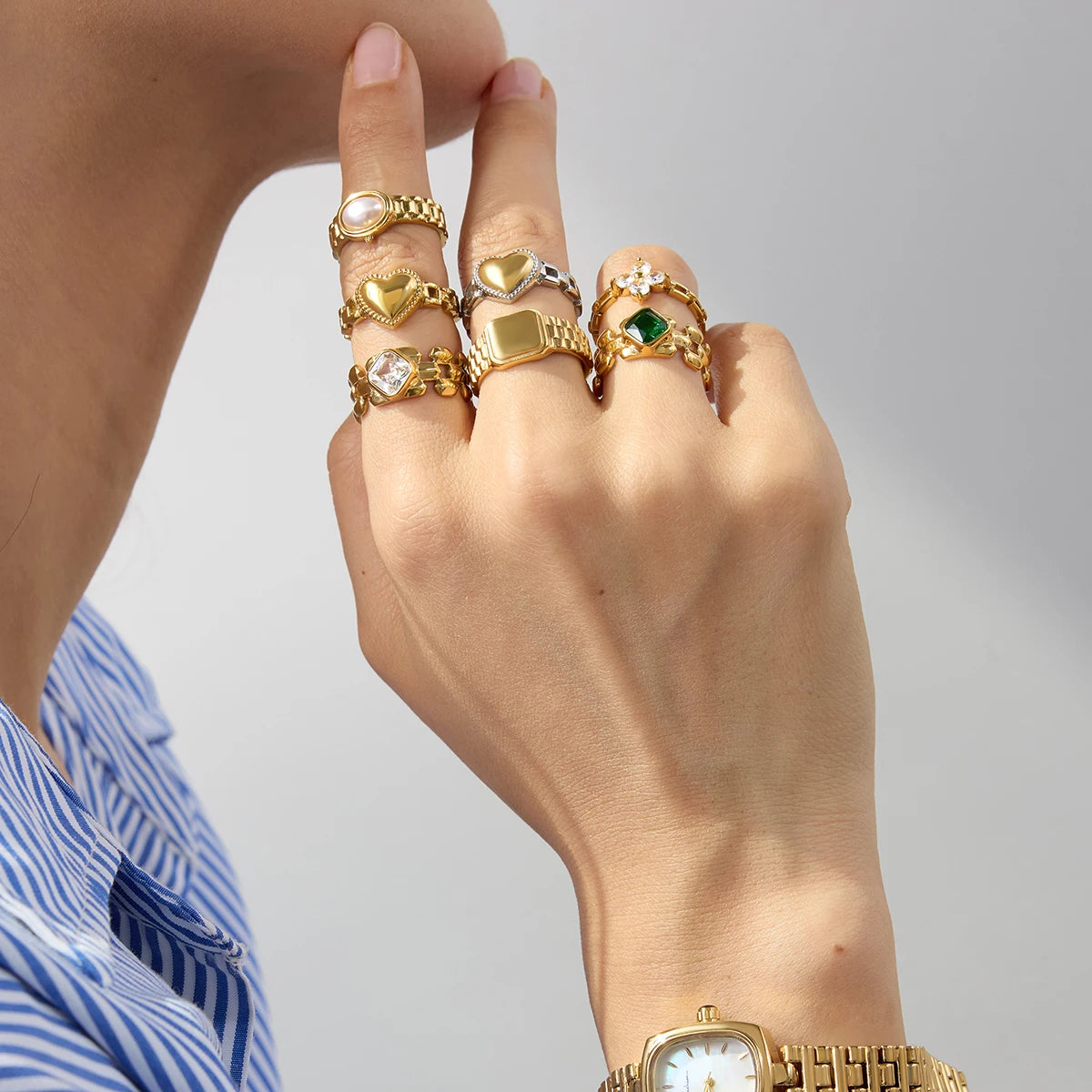 Kika Minimalist Geometric Watch Ring 18K Gold Color Plated Stainless Steel Texture Strap Ring