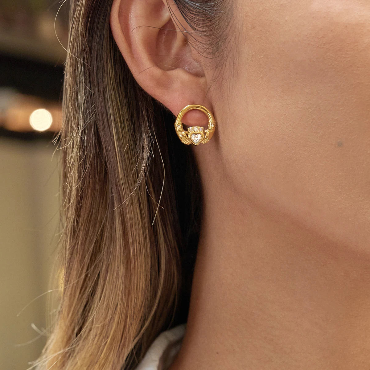 White Heart Shape Rhinestone Friendship Hands Hoop Earring