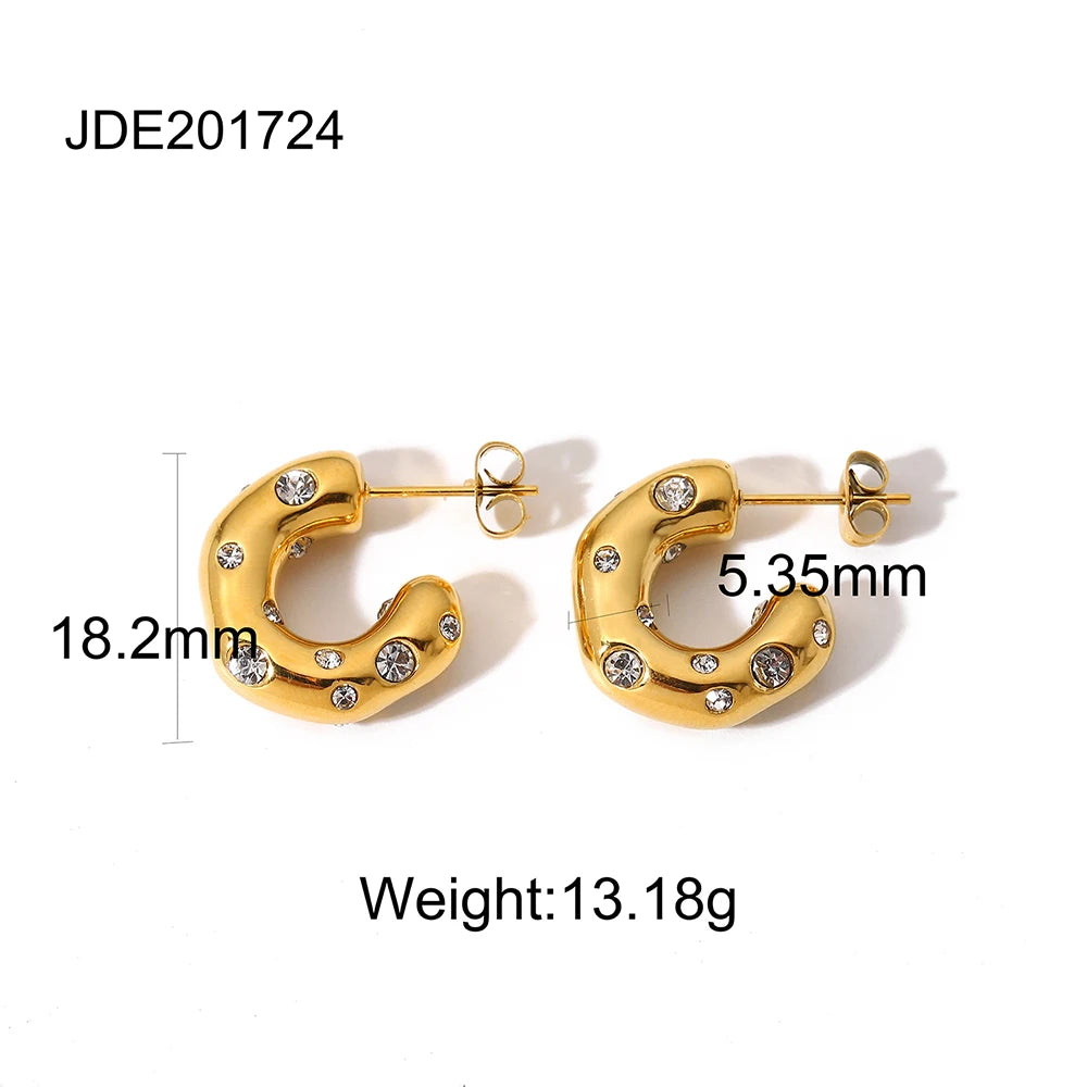 KIKA Shaped Hammer Shiny Zircon CC Shape Hoop Earrings For Women 18K Gold PVD Plated Stainless Steel 316L
