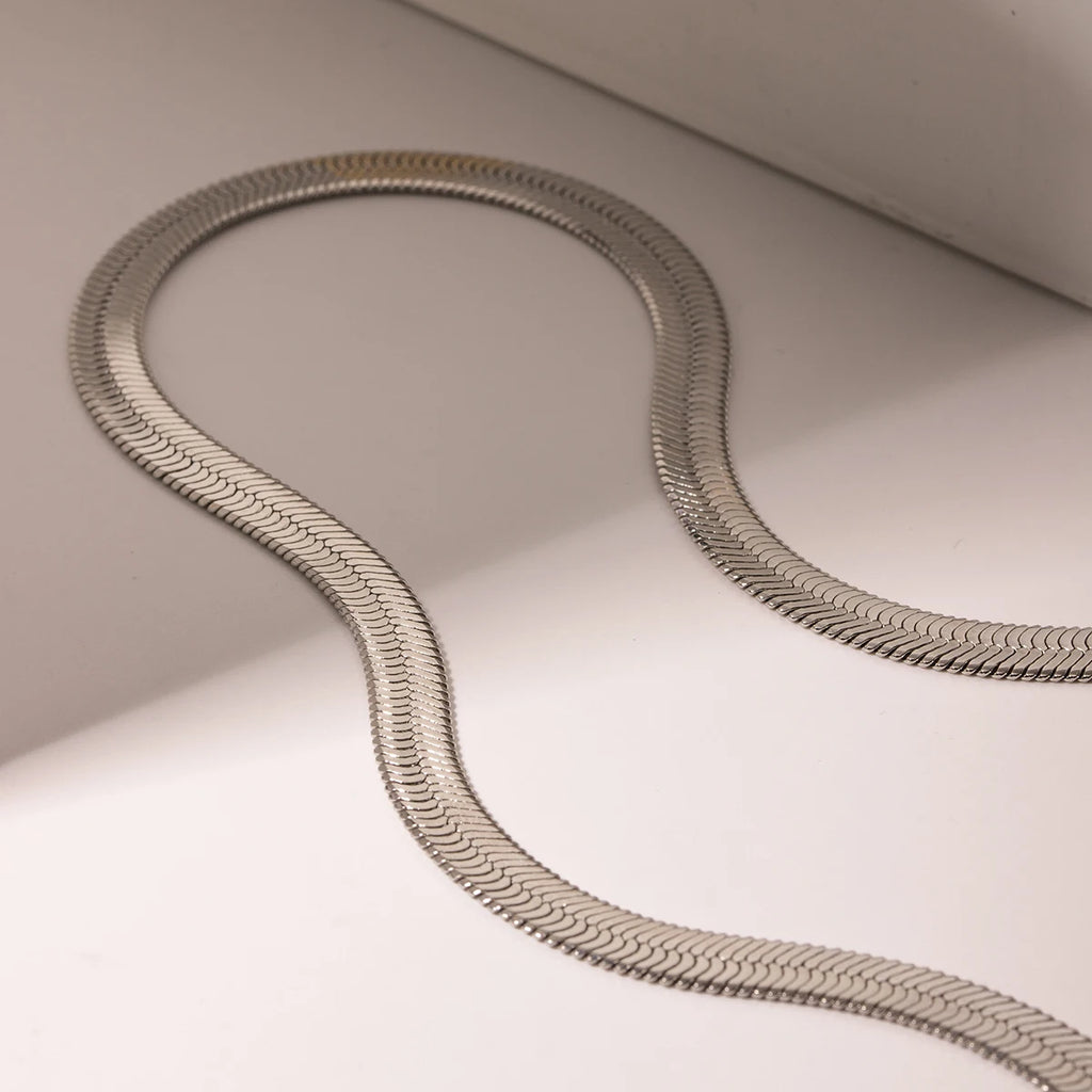 Kika Minimalist Stainless Steel Flat Snake Chain Necklace