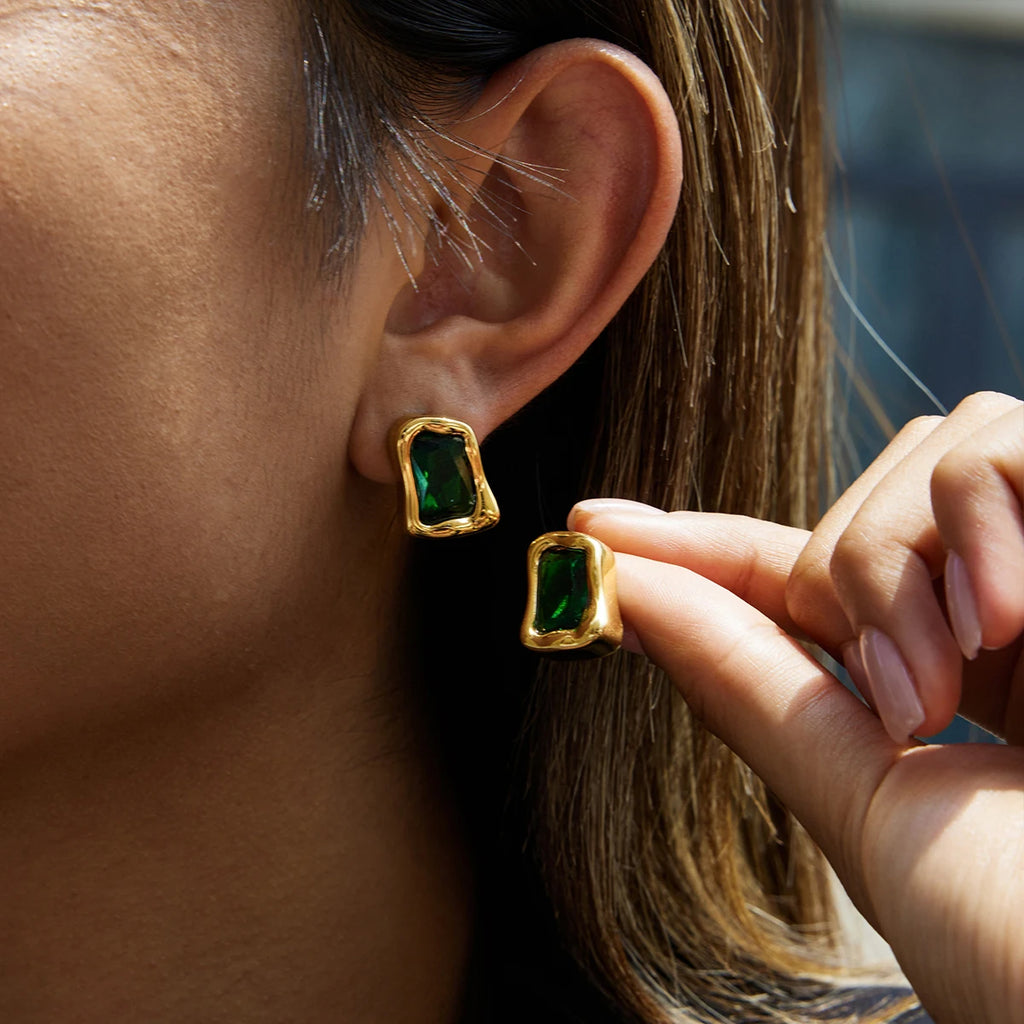 KIKA Minimalist Classic PVD Plated Inlay Zircon Square Irregular Earrings Hypoallergenic Stainless Steel 316L