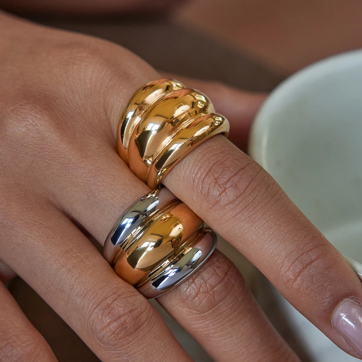 KIKA Statement 18K Gold Color Plated Stainless Steel Waterproof Two tone Chubby Three layer Raised Ribbed Ring Women's Jewelry