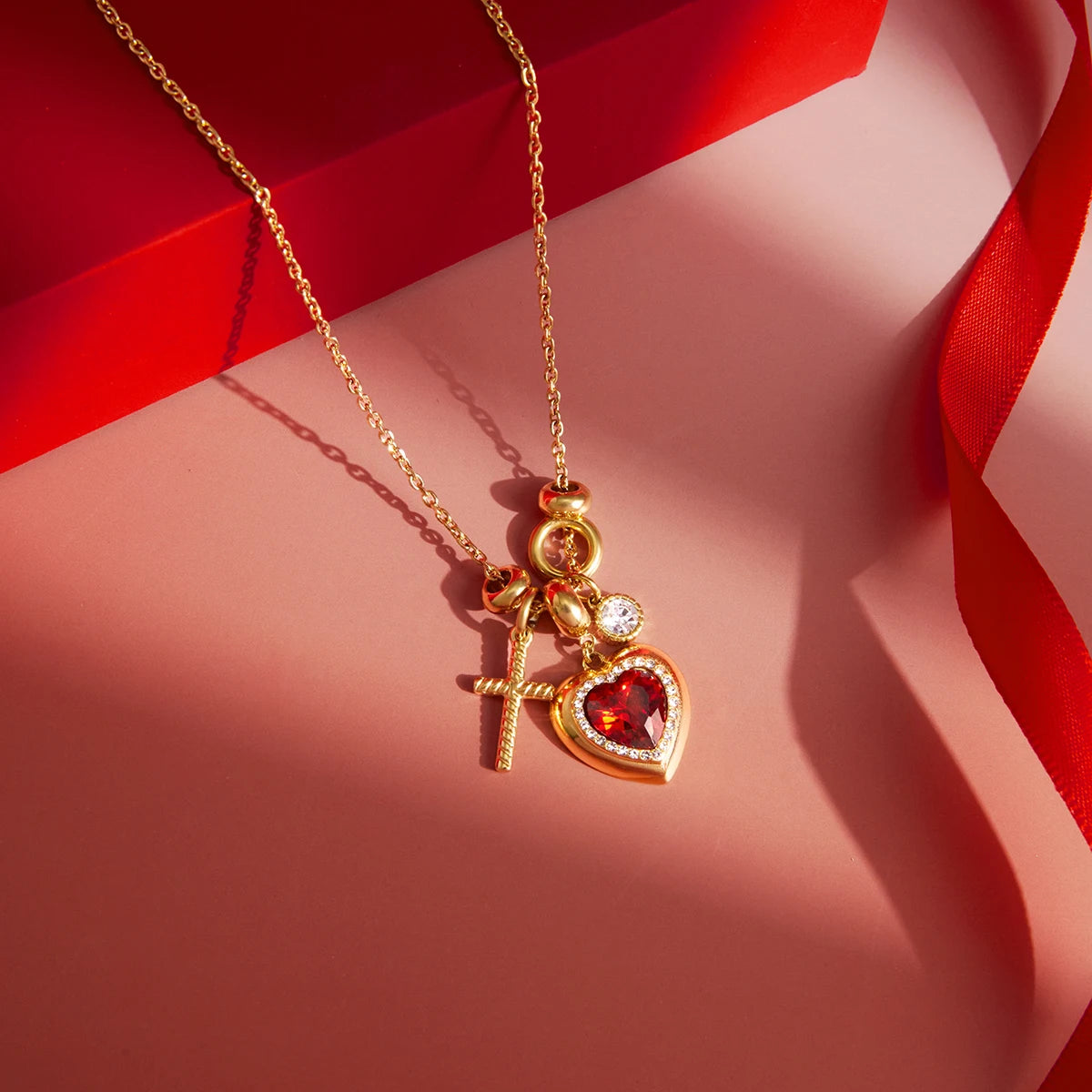 Classic Cross Red Zircon Heart Rhinestone Necklace