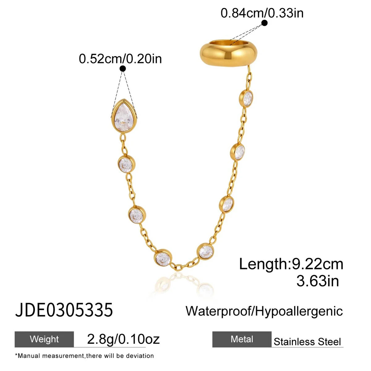 Kika 1 PC Delicate Zircon Chains Tassel Earring Gold PVD Plated Stainless Steel 316L