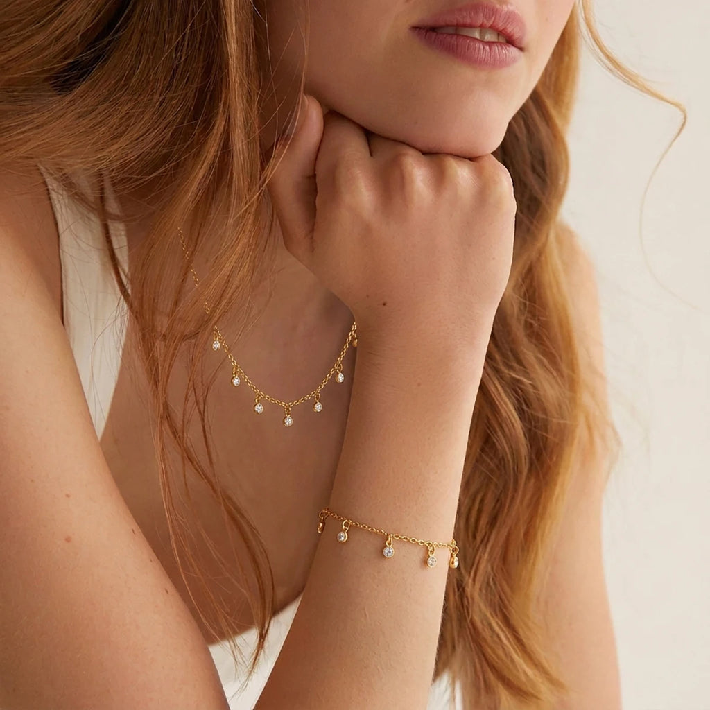 Kika Gold Plated Classic Zircon Heart-shaped Double-ring Interlocking Pendant Necklace