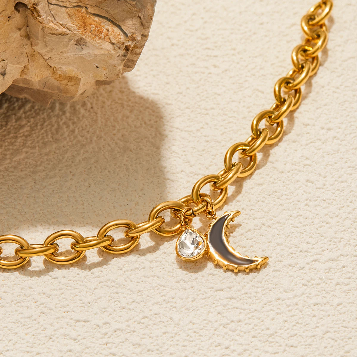 KIKA Minimalist 18K Gold Color PVD Plated Stainless Steel 316L Rhinestone Water Drop Pendant Black Oil Drop Moon