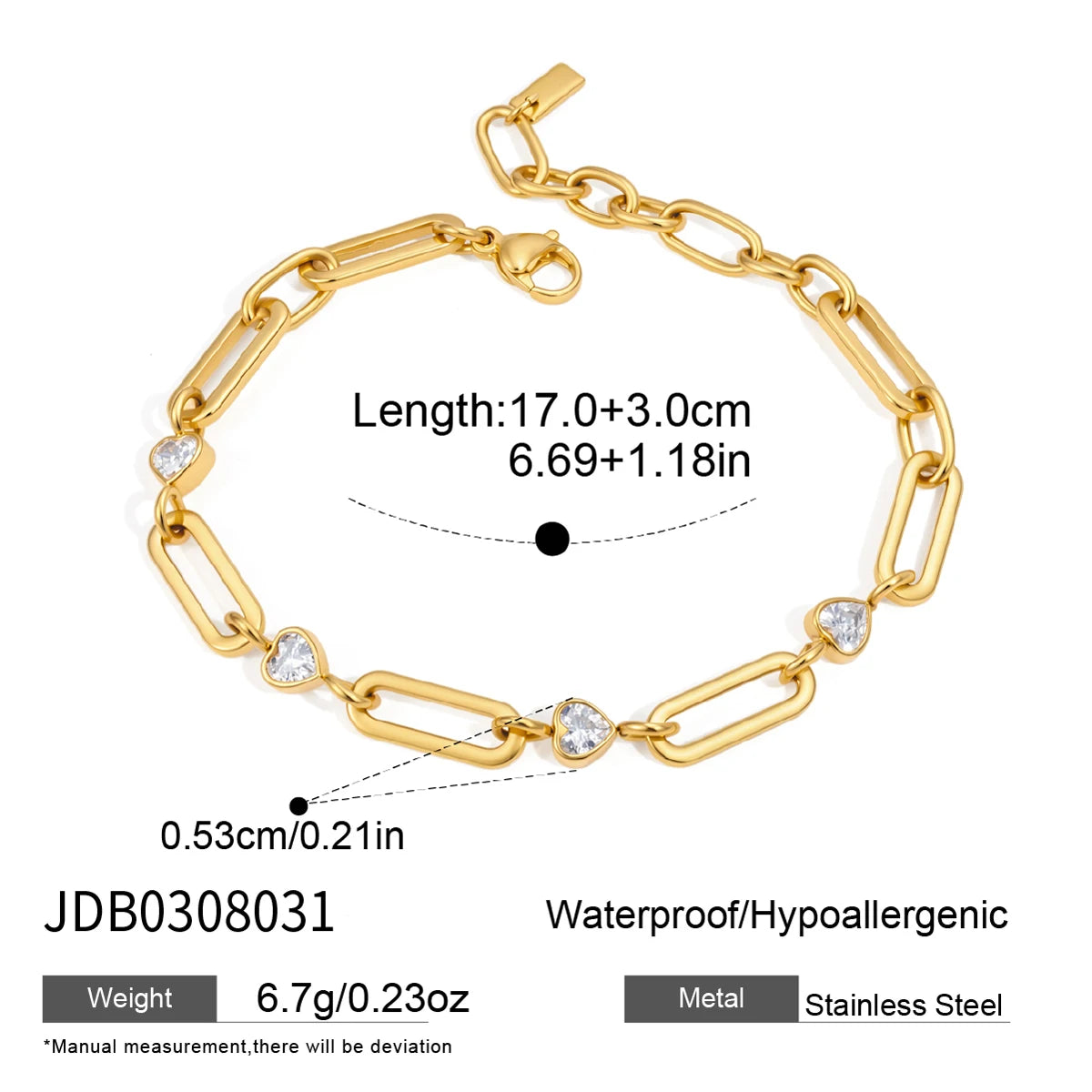 KIKA Heart Zircon Paperclip Chain Bracelet For Women Minimalist 18K Gold PVD Plated Stainless Steel Bracelet Fashion Jewelry