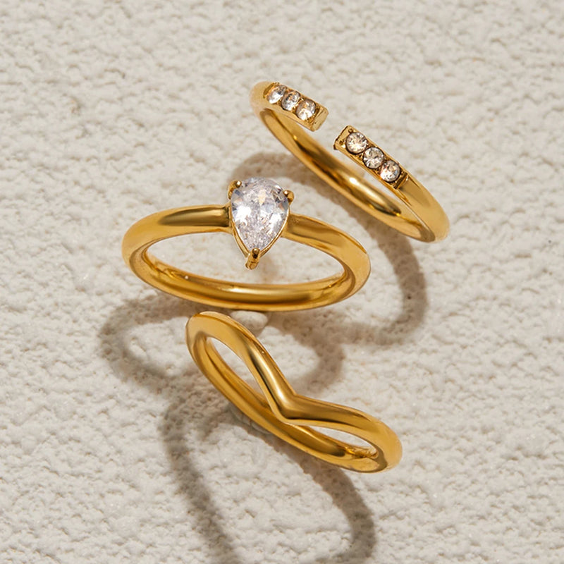Kika Minimalist 18K Gold Color Plated Stainless Steel Zircon Water Drop Ring V-shaped Stackable