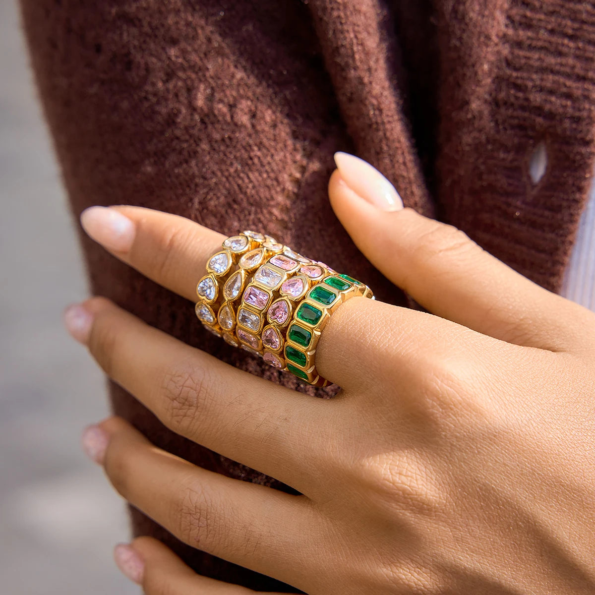 Kika Sparkling Pink Green Zircon Stacked Ring