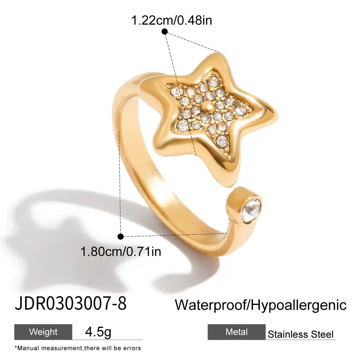 KIKA Unique Designer 18K Gold Color PVD  Plated Stainless Steel 316L Rhinestone Pentagram Rings Stackable