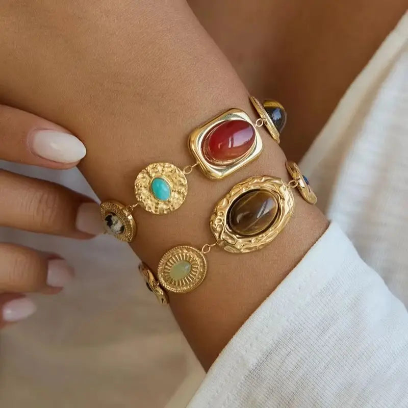 KIKA Vintage Mixed Natural Stone Bracelet For Women Waterproof 18K Gold PVD Plated Stainless Steel Bracelet Fashion Jewelry