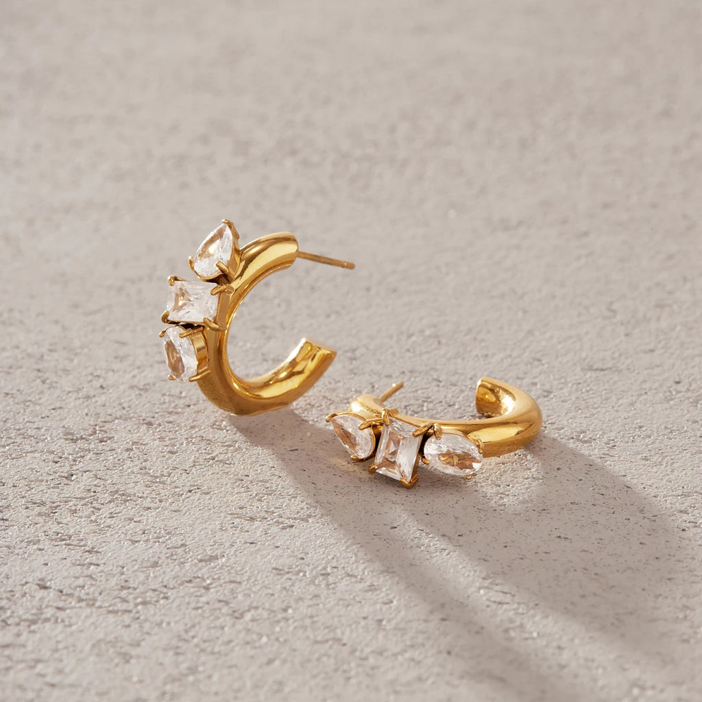 KIKA Geometric Zircon C Shape Stud Earrings 18K Gold PVD Plated Stainless Steel 316L