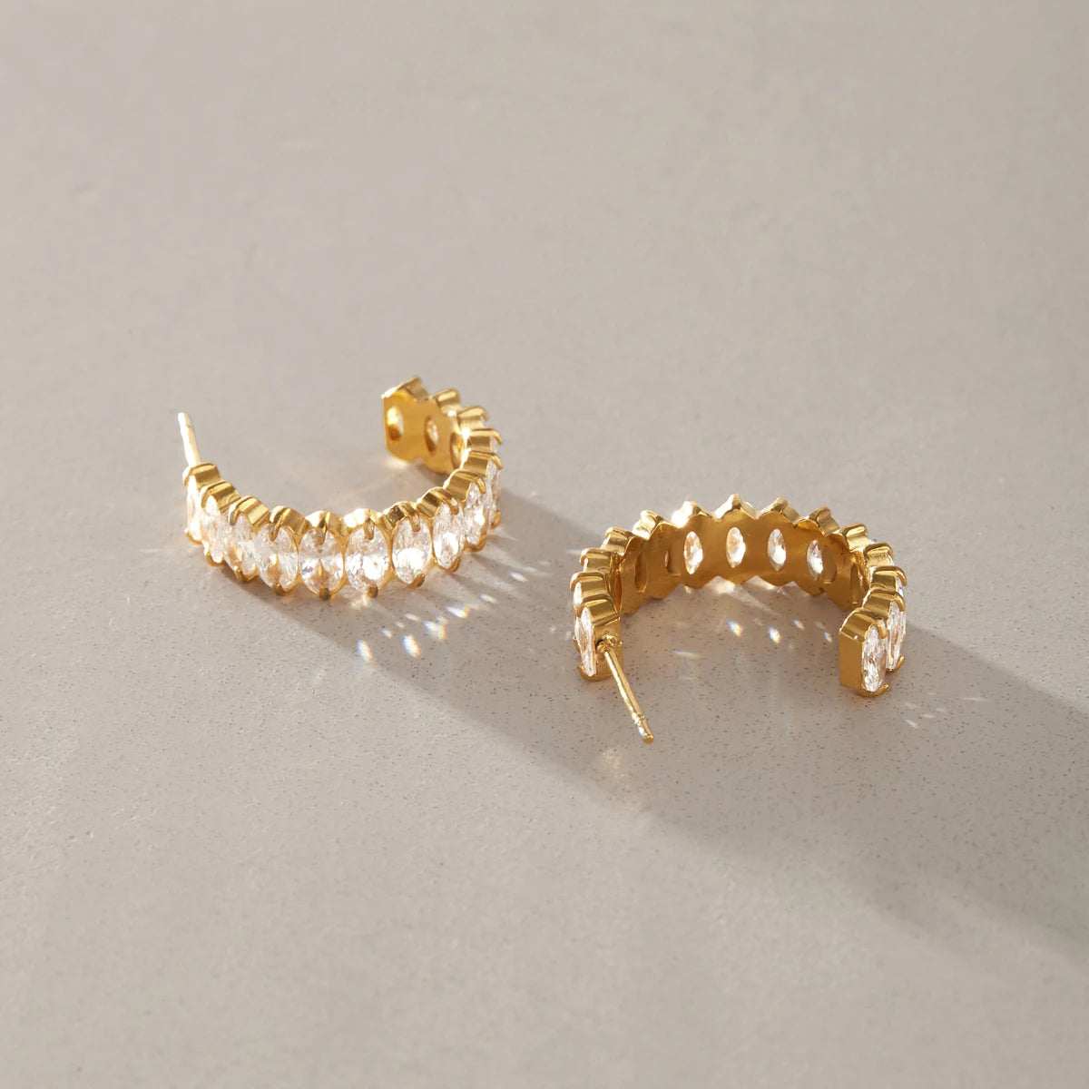 Kika Iced Out Geometric Zircon C Shape Stud Earrings 18K Gold Plated Stainless Steel 316L