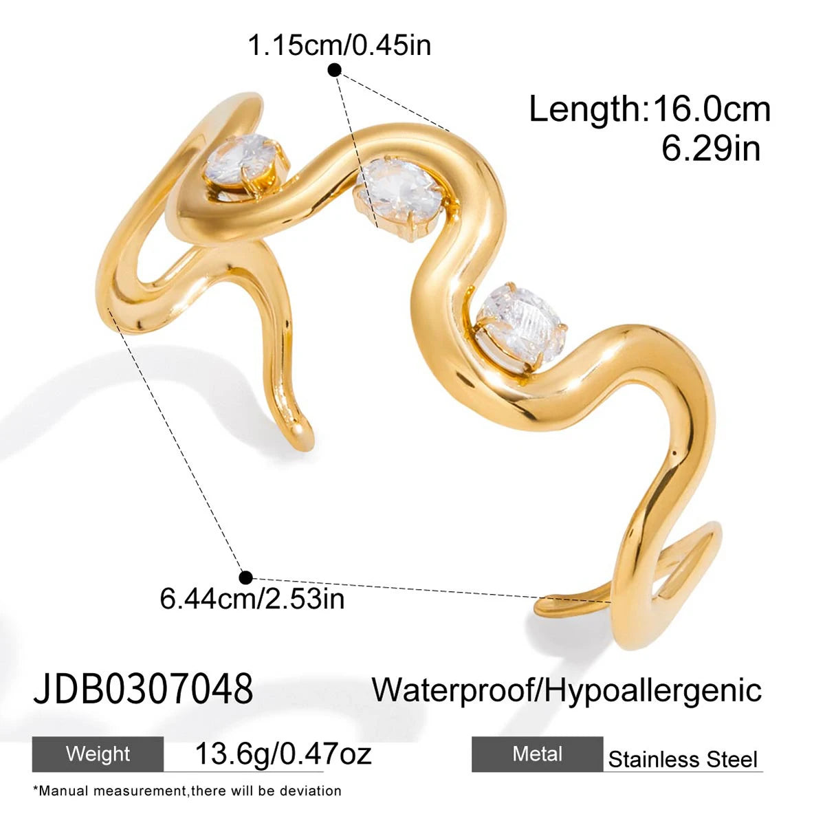 KIKA Classic Trendy 18K Gold Color PVD Plated Elliptical White Zircon Irregular Open Bracelets Waterproof Stainless Steel 316L
