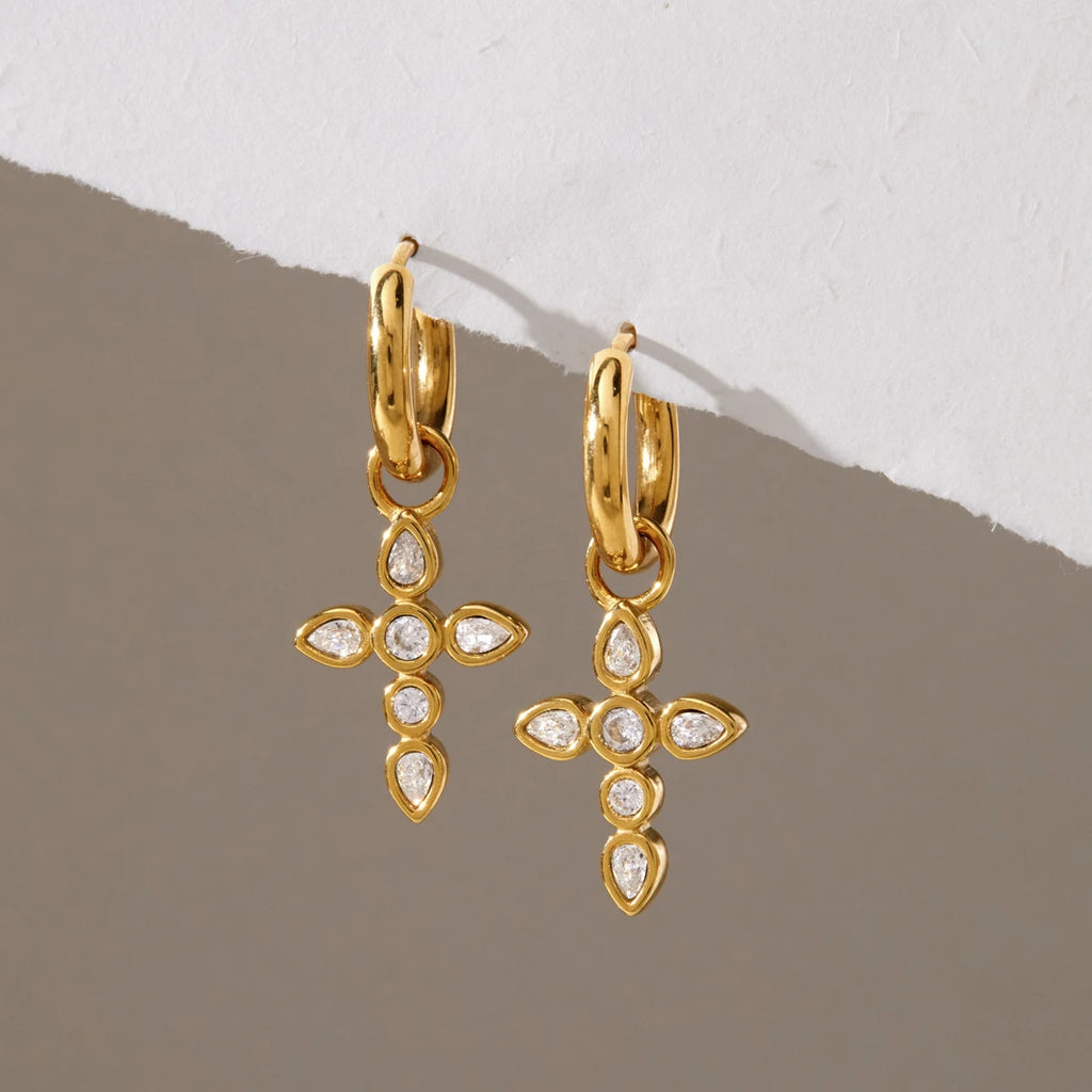 KIKA  Classic Zircon Cross Necklace Earrings  18K Gold PVD Plated Stainless Steel316L