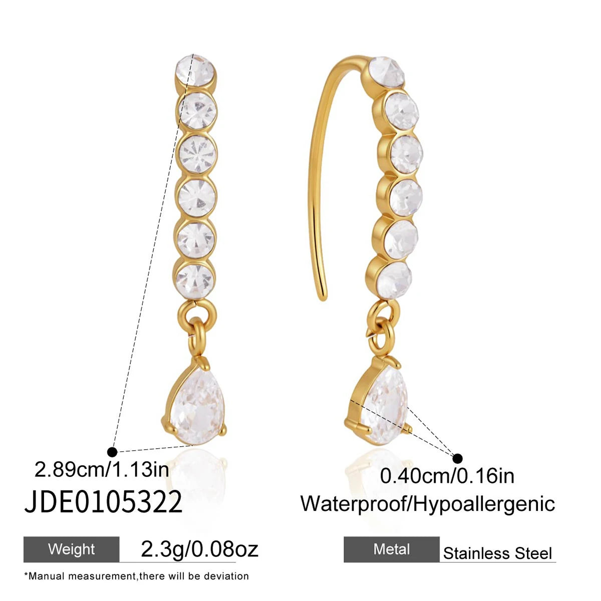 KIKA Round Crystal Water Drop Zircon Hook Earrings PVD Plated Stainless Steel 316L