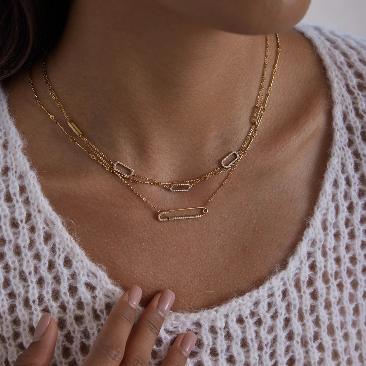 Kika Minimalist Classic 18K Gold Color Plated Inlay White Zircon Paperclip Necklace