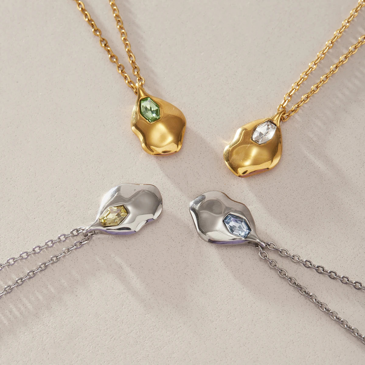 KJIKA Multicolor Glass Stone Geometric Pendant Necklace PVD  18K Gold Plated Stainless Steel 316L
