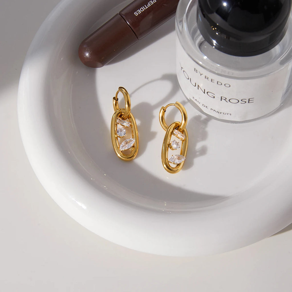 KIKA Classic 18K PVD Plated Gold Color Stainless Steel 316L Geometric Double Ring Earrings With White Zircon Women Waterproof Jewelry