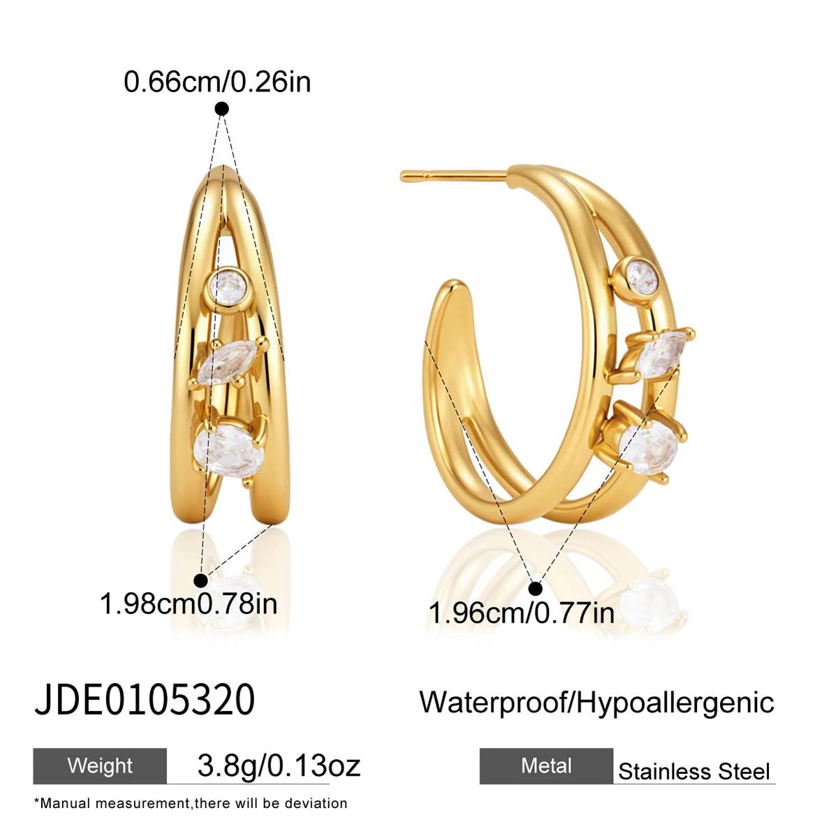 KIKA Geometric Zircon C Shape Stud Earrings PVD Plated Stainless Steel 316L