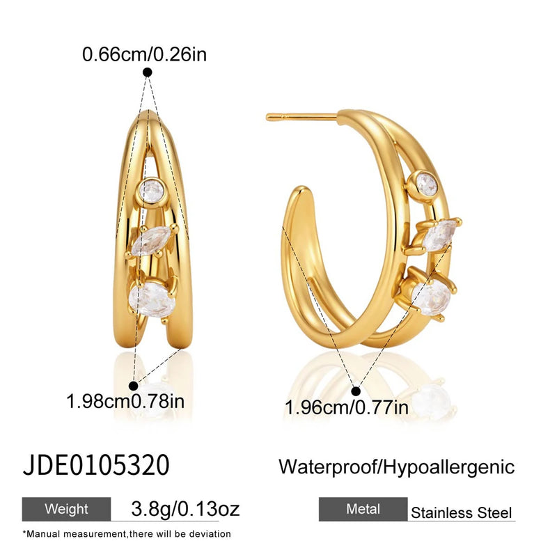 KIKA Geometric Zircon C Shape Stud Earrings PVD Plated Stainless Steel 316L
