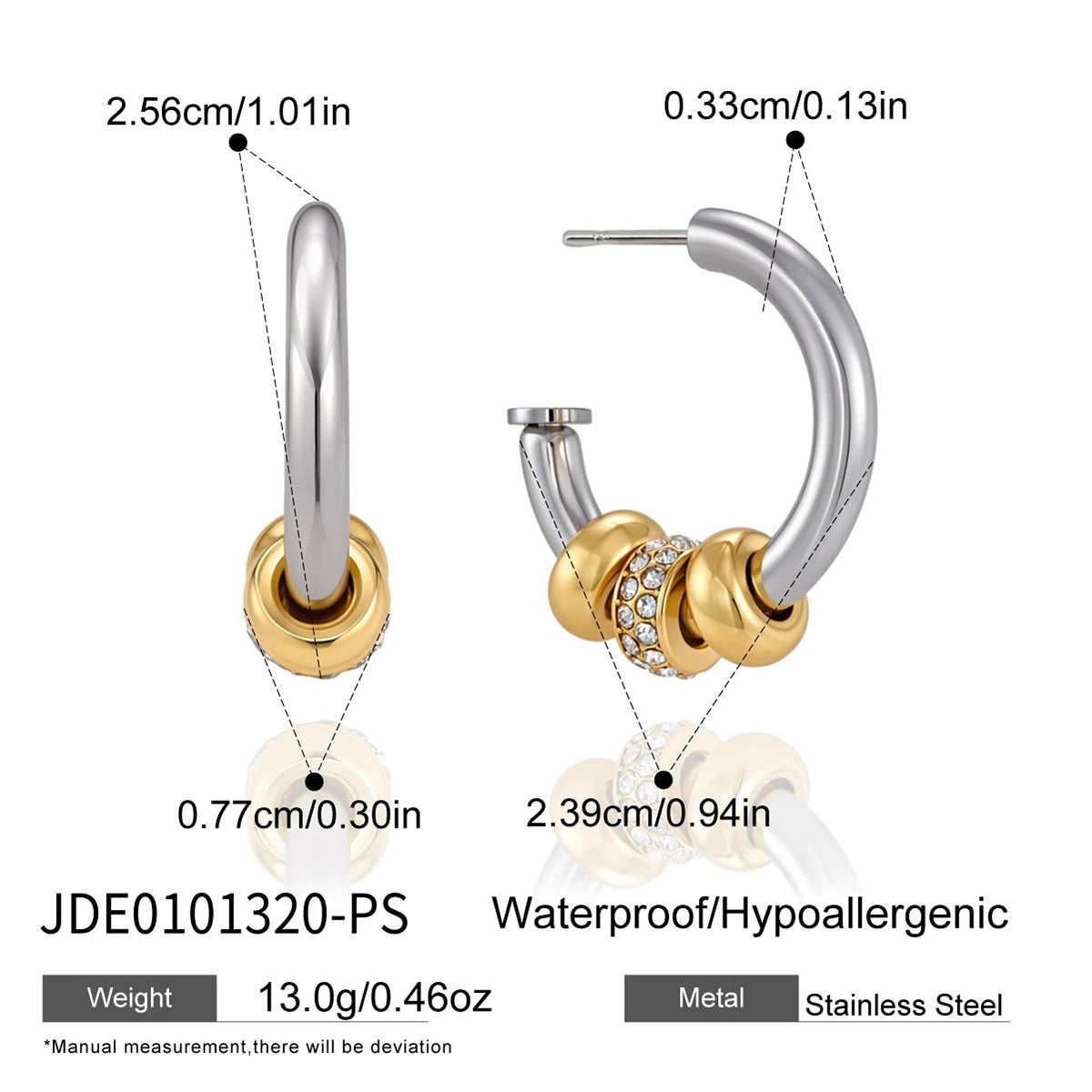 KIKA Delicate White Rhinestone C-Shaped Spliced Loop Earrings PVD Plated Stainless Steel 316L