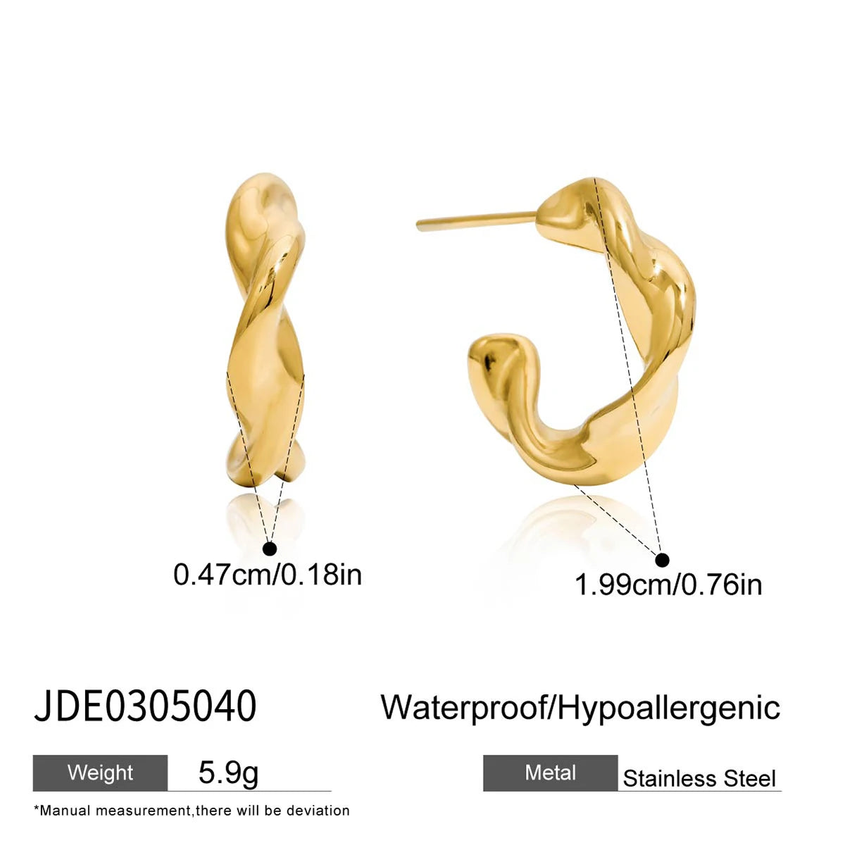 KIKA Minimalist Classic 18K Gold Color PVD  Plated Stainless Steel 316L C-Shaped Earrings Hypoallergenic Waterproof