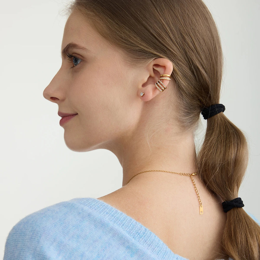 Simple Classic White Zircon Three Layer Earclip Stainless Steel
