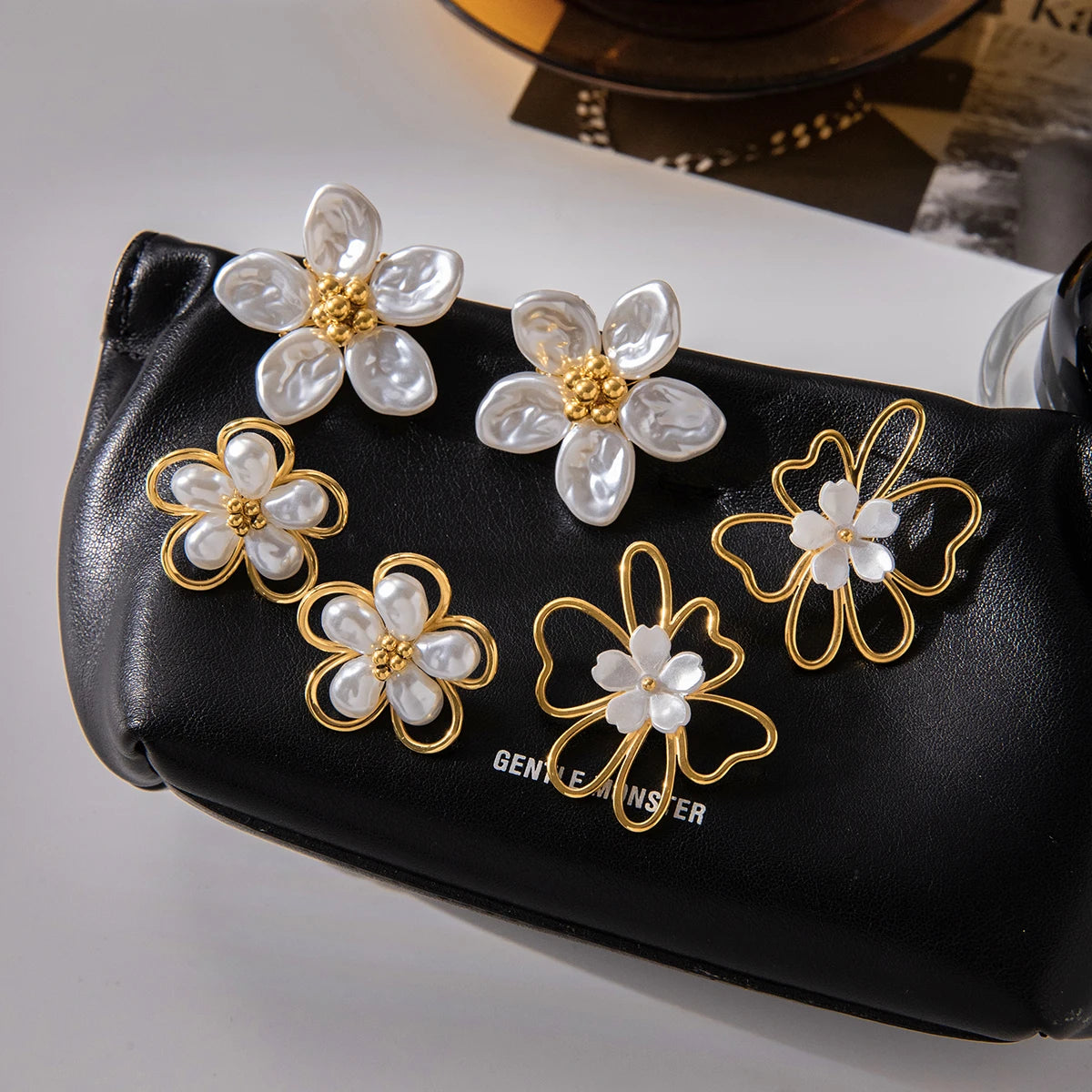 KIKA Vintage Elegant 18K Gold Color PVD Plated Stainless Steel 316L Resin Pearl Zircon Maple Leaf Earrings