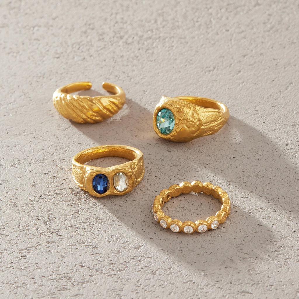 Kika Elegant Blue Crystal Chunky Rings 18K Gold PVD Plated Stainless Steel 316l