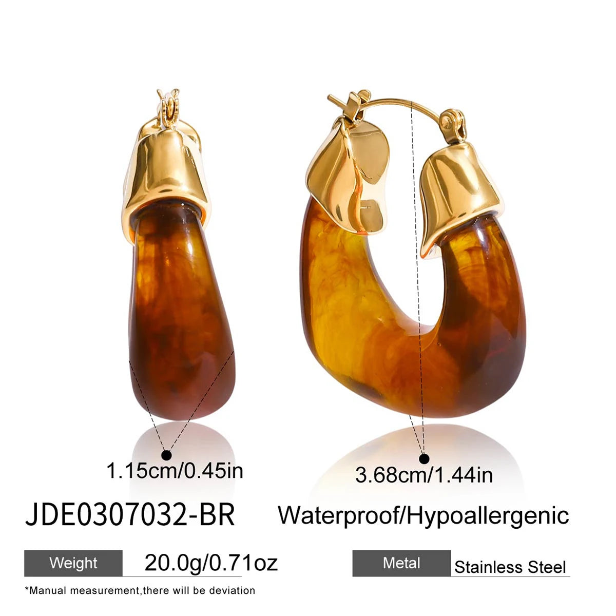 Kika Vintage 18K Gold Color Stainless Steel Autumn Winter Dark Green Resin Large-Sized Chubby U-shaped Earrings