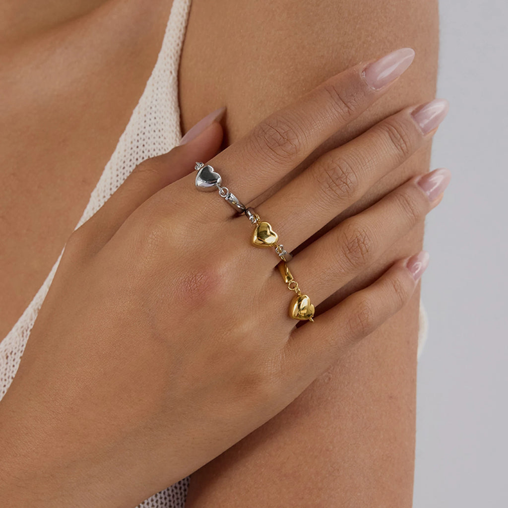 Kika Simple Classic Stainless Steel Heart Ring Love Flip Stacked